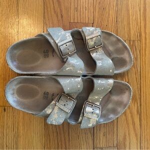 Birkenstock Women’s silver and Gold Sandals 40 Narrow fit